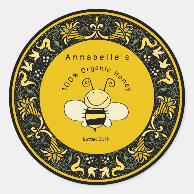 Victorian Border Cute Honey Bee Classic Round Sticker (Front)