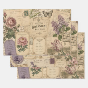 VICTORIAN BOTANICAL POSTCARD COLLAGE WRAPPING PAPER SHEET