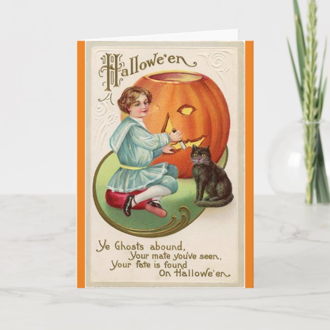 Victorian Boy Carving Pumpkin Halloween Card (Front)
