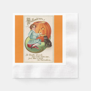 Victorian Boy Carving Pumpkin Halloween Napkin