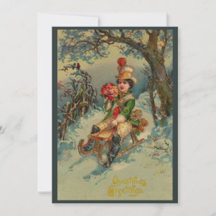 Victorian boy sledding Christmas Greetings Holiday Card
