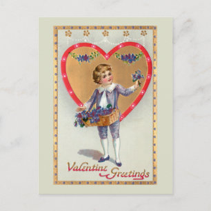 Victorian Boy with Valentine Heart and Lilacs Holiday Postcard