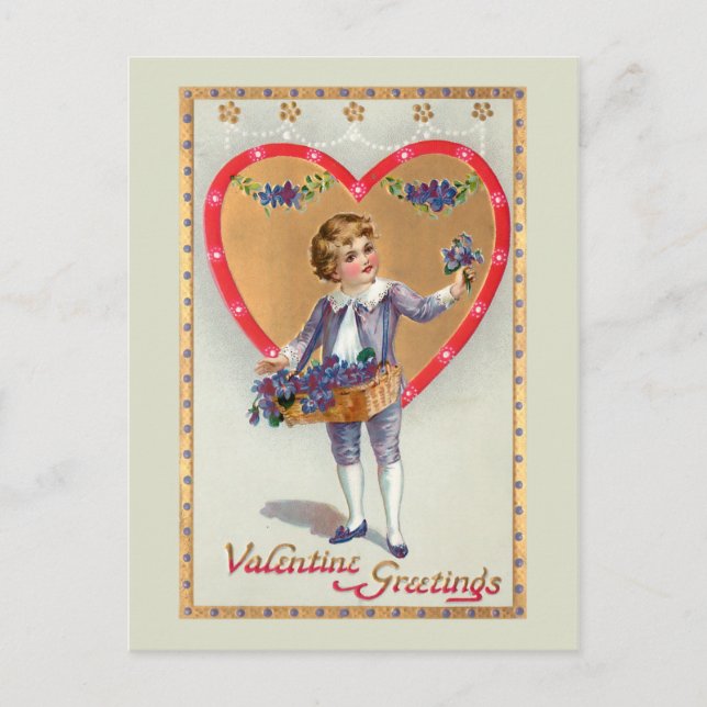 Victorian Boy with Valentine Heart and Lilacs Holiday Postcard (Front)
