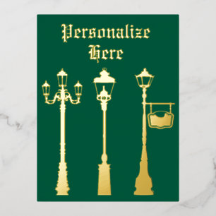 Victorian brass Lamp post lantern green gold Foil Holiday Postcard