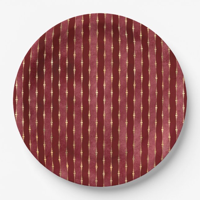 Victorian Burgundy and Gold Stripe Paper Plate (Front)