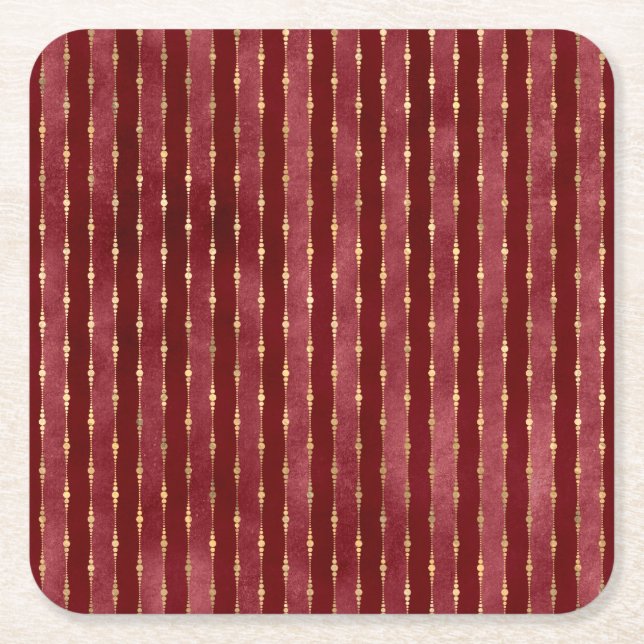 Victorian Burgundy and Gold Stripe Square Paper Coaster (Front)