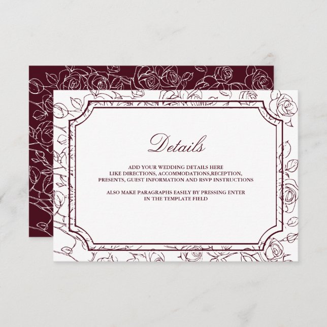 Victorian Burgundy Floral Line Art Wedding Details Enclosure Card (Front/Back)