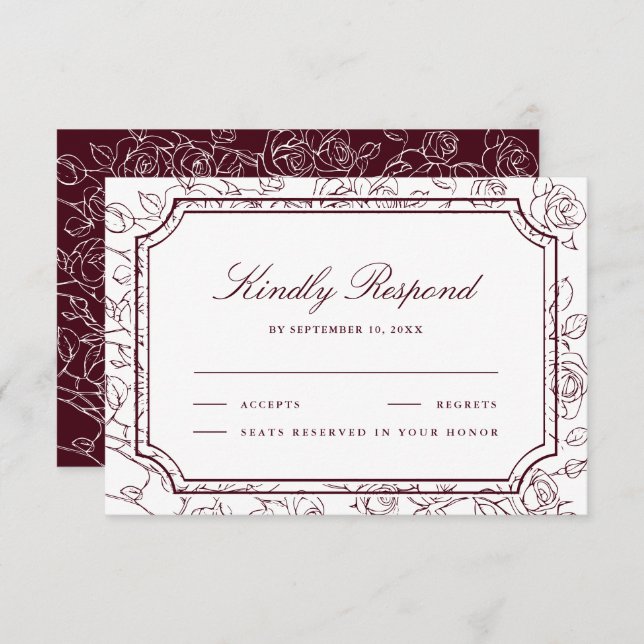 Victorian Burgundy Floral Line Art Wedding RSVP Card (Front/Back)