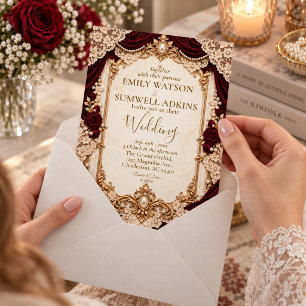 Victorian Burgundy Lace Gold Luxury Wedding Invitation