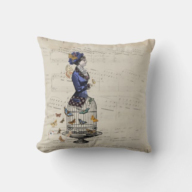 Victorian Butterfly Birdcage Steampunk Woman Tee Cushion (Front)