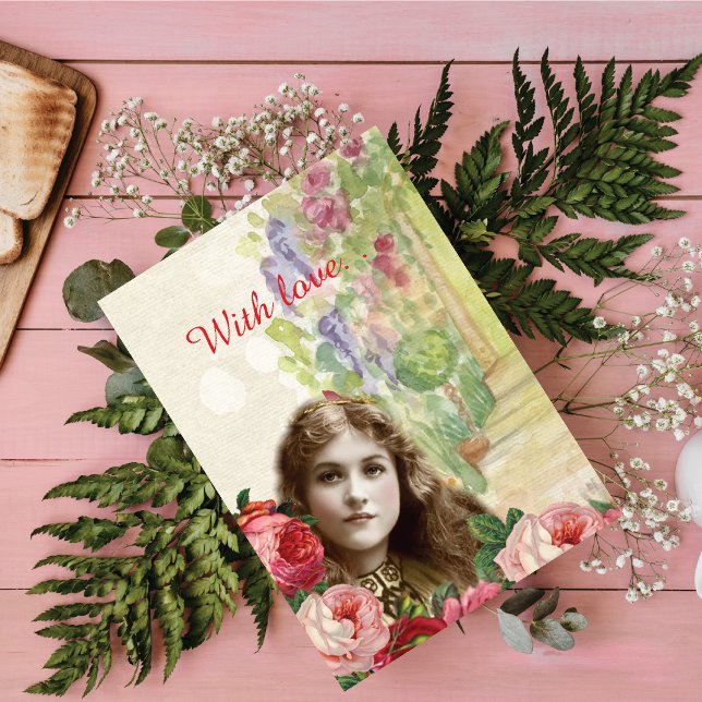 Victorian Cabbage Roses Woman Floral Greeting Card (Creator Uploaded)