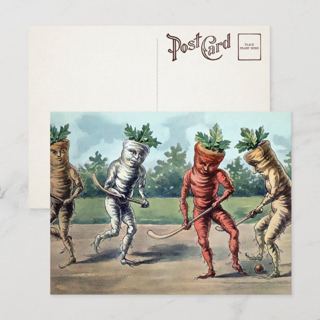 Victorian Carrots Playing Hockey Postcard  (Front/Back)