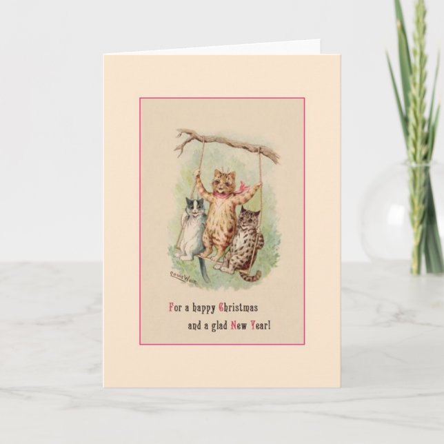 Victorian Cat Christmas and New Year Greeting Card (Front)