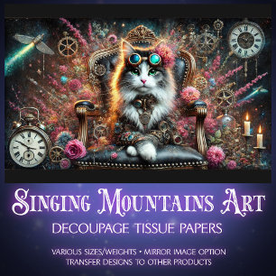 Victorian Cat Floral Steampunk Clocks Decoupage Tissue Paper