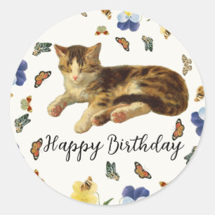 Victorian Cat Nap Floral Butterfly Happy Birthday Classic Round Sticker
