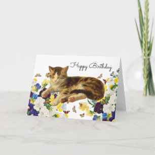 Victorian Cat Nap Floral Butterfly Happy Birthday Thank You Card