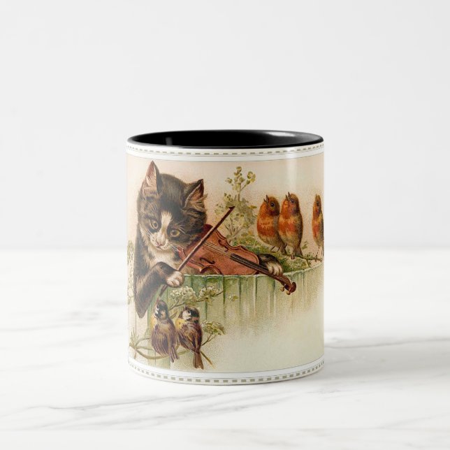 Victorian Cat Plays the Violin for Songbirds Two-Tone Coffee Mug (Center)