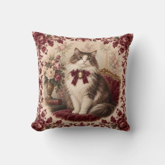 Victorian Cat Portrait Burgundy Floral Vintage  Cushion