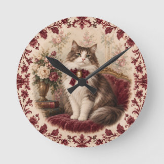 Victorian Cat Portrait Burgundy Floral Vintage  Round Clock