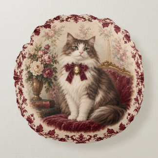 Victorian Cat Portrait Burgundy Floral Vintage  Round Cushion