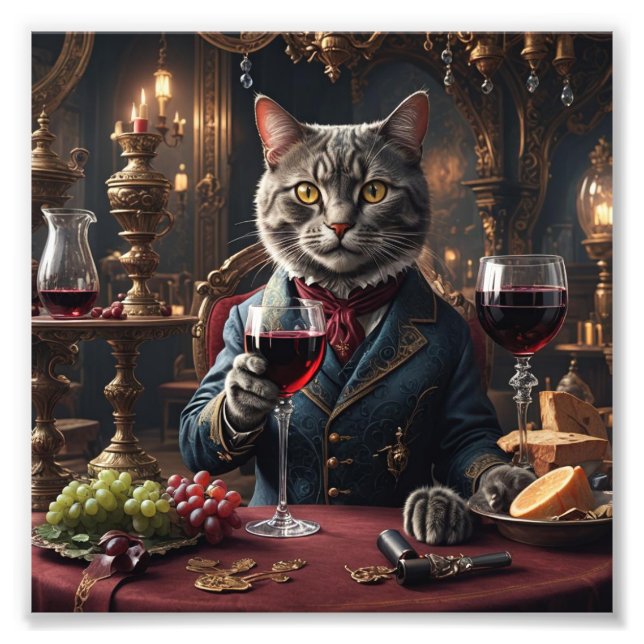 Victorian Cat with Glass of Red Wine Photo Print (Front)