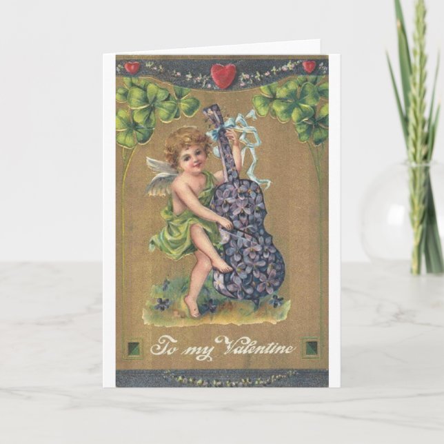 Victorian Cello Playing Cupid Valentine's Day Card (Front)