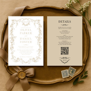 Victorian Champagne Beige All in One Wedding Invitation