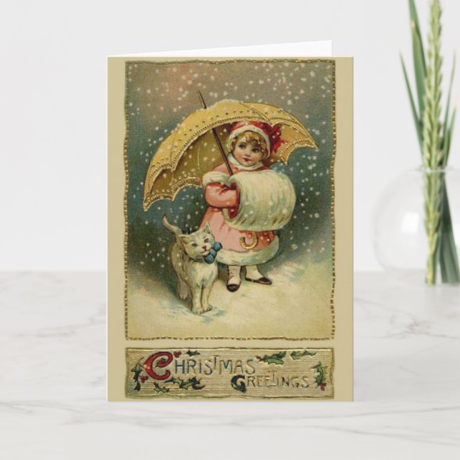 Victorian Child and Cat in Snow Christmas Card (Front)