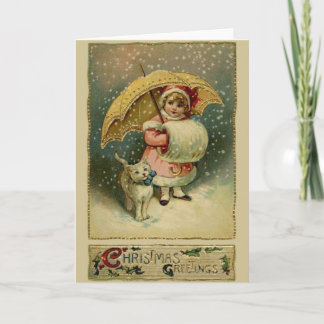 Victorian Child and Cat in Snow Christmas Card