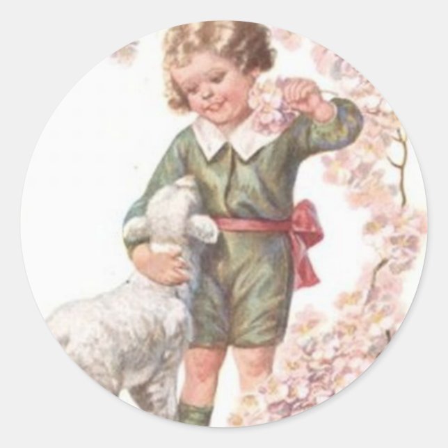 Victorian Child Lamb Cherry Tree Classic Round Sticker (Front)