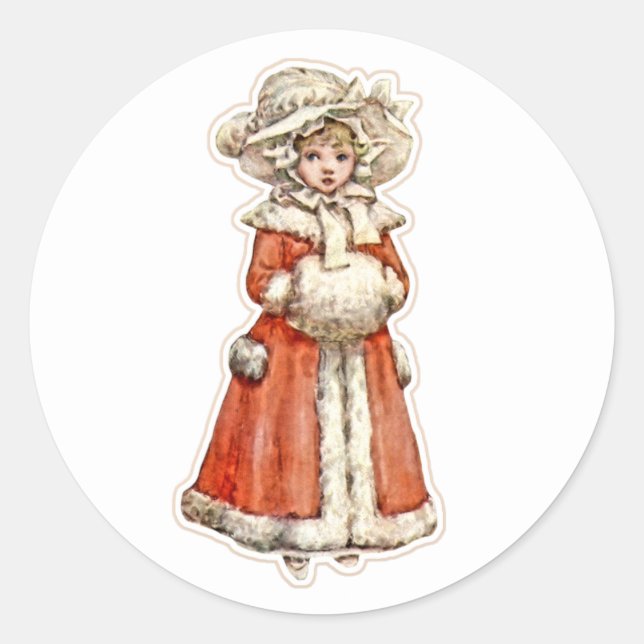 Victorian child paper doll winter coat hand muff classic round sticker (Front)