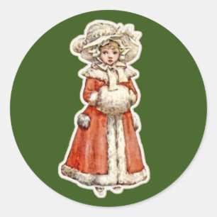 Victorian child paper doll winter cute coat muff classic round sticker