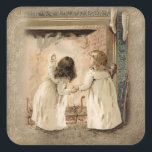 Victorian Children at Christmas Hearth Square Sticker<br><div class="desc">Two adorable children in nightgowns anxiously awaiting the arrival of Father Christmas at their hearth where stockings are hung on artisan sepia background with decorative border.</div>