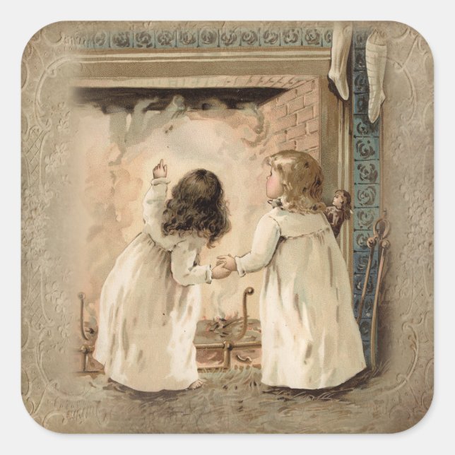 Victorian Children at Christmas Hearth Square Sticker (Front)