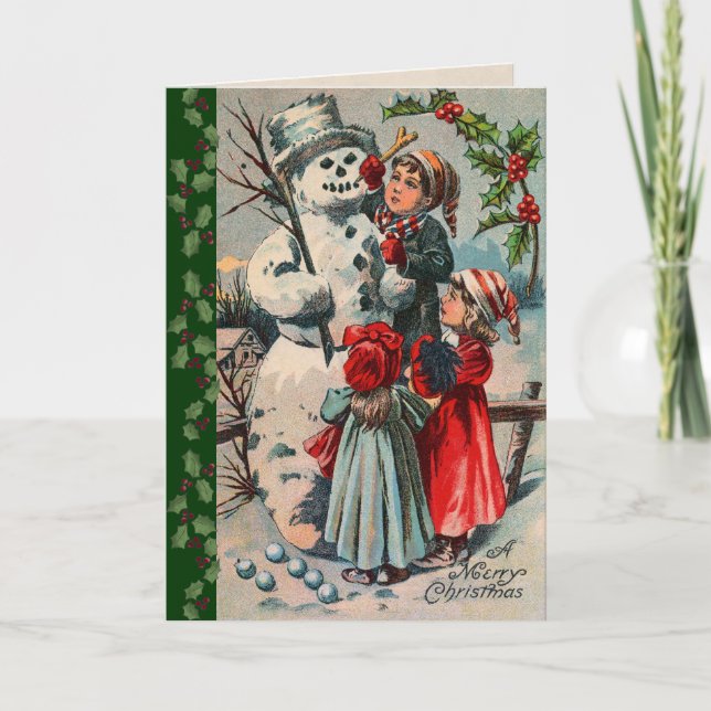 Victorian Children Building a Snowman Holiday Card (Front)