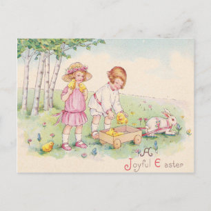 Victorian Children Easter Chick Bunny Field Holiday Postcard