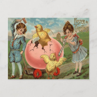 Victorian Children Easter Chick Coloured Egg Holiday Postcard
