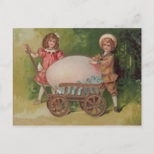 Victorian Children Easter Egg Forget Me Nots Wagon Holiday Postcard