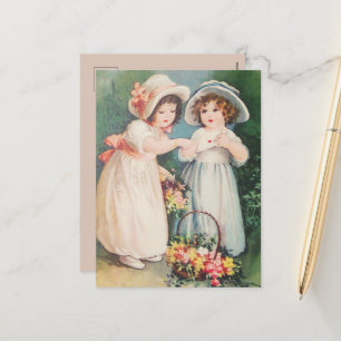 Victorian Children Holding a Valentine & Flowers Holiday Postcard