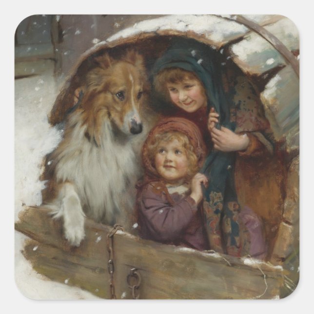 Victorian Children in Doghouse Square Sticker (Front)