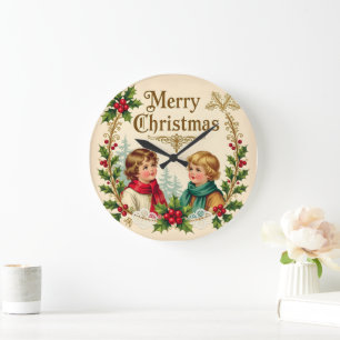 Victorian children Merry Christmas vintage Large Clock