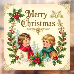 Victorian children Merry Christmas vintage Window Cling