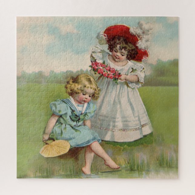 Victorian Children Vintage Summer Girls Garden Jigsaw Puzzle (Vertical)