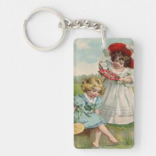 Victorian Children Vintage Summer Girls Garden Key Ring
