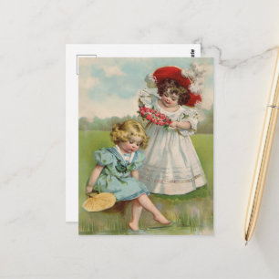 Victorian Children Vintage Summer Girls Garden Postcard