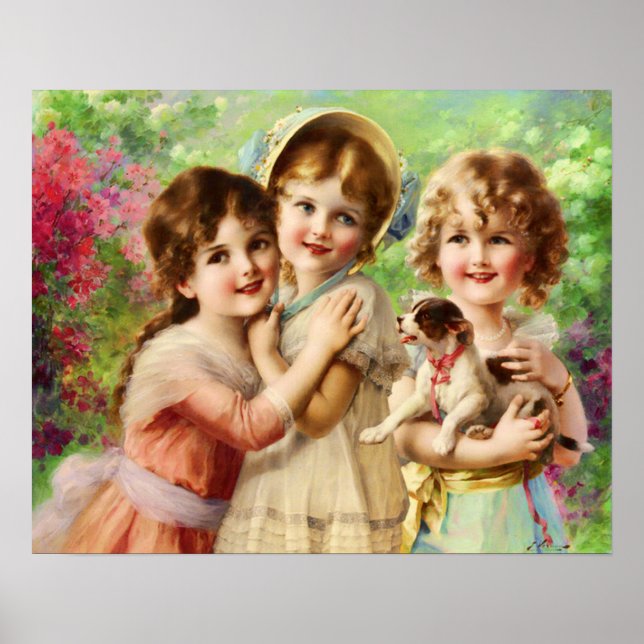 Victorian Children with Puppy, Emile Vernon Poster (Front)