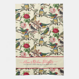 Victorian Chintzy Birds and Roses Vintage Pattern Tea Towel