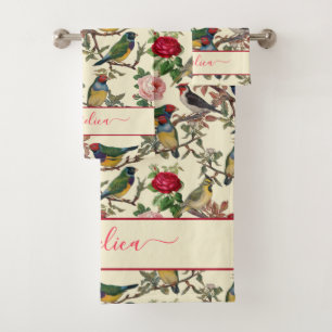 Victorian Chintzy Retro Birds and Roses Pattern Bath Towel Set