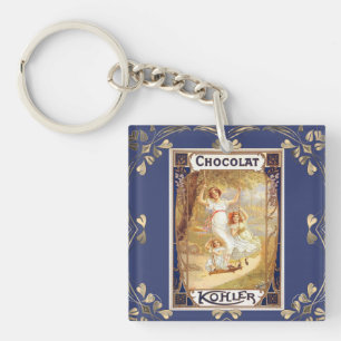 Victorian chocolate label floral elegant blue gold key ring