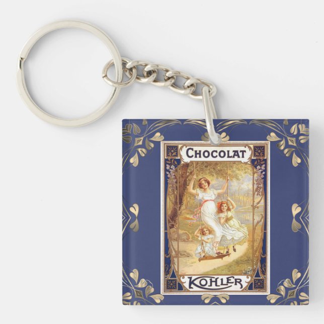 Victorian chocolate label floral elegant blue gold key ring (Front)